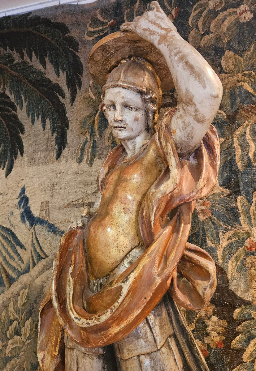 Porte Torchère "Soldat Romain" En Bois Sculpté Polychrome Italie XVIII ème-photo-3