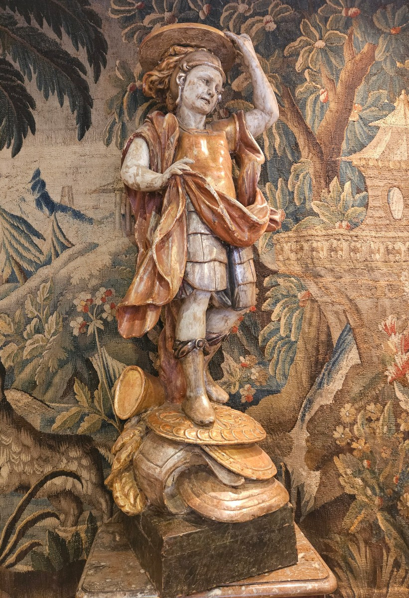 Porte Torchère "Soldat Romain" En Bois Sculpté Polychrome Italie XVIII ème-photo-4