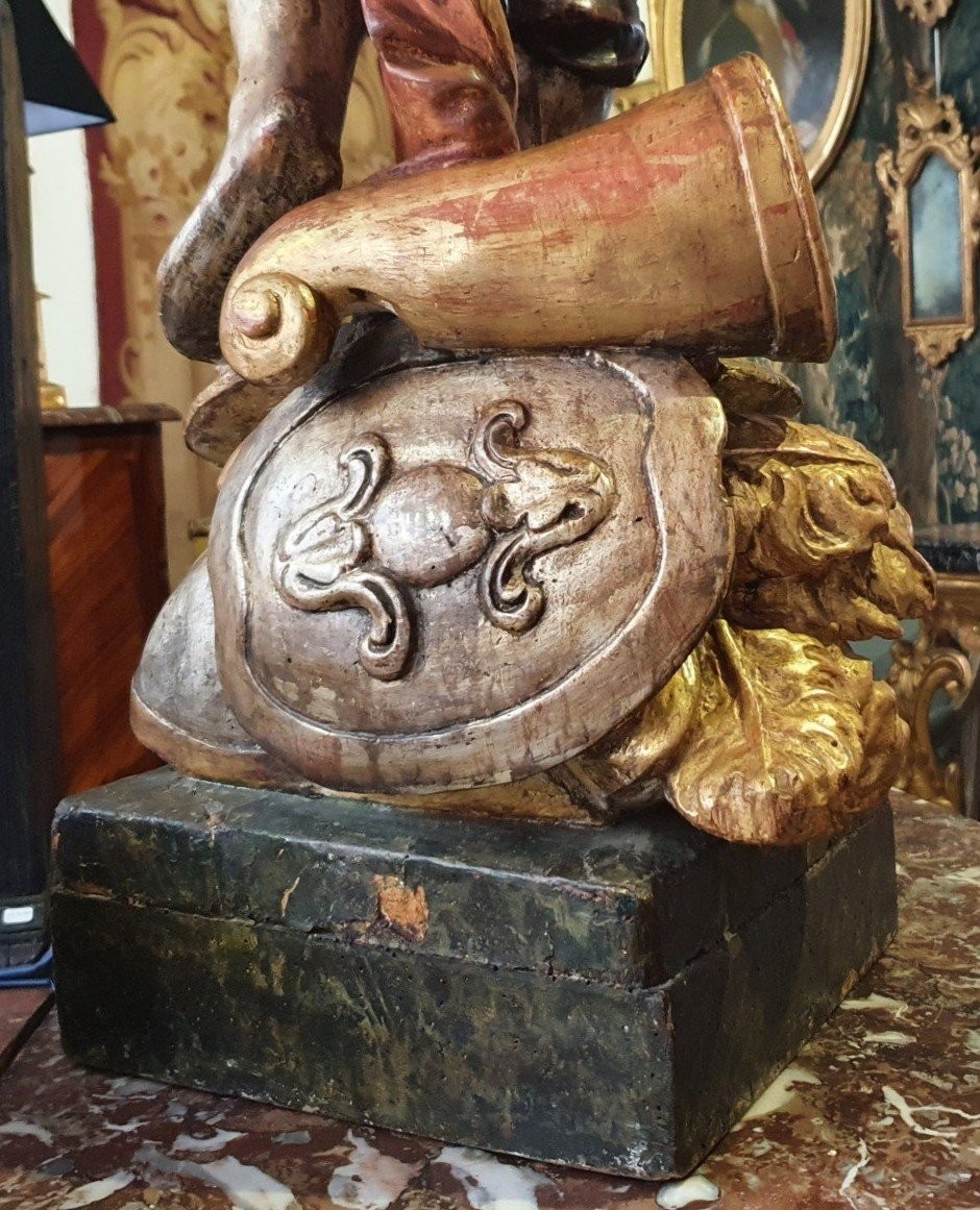 Porte Torchère "Soldat Romain" En Bois Sculpté Polychrome Italie XVIII ème-photo-2