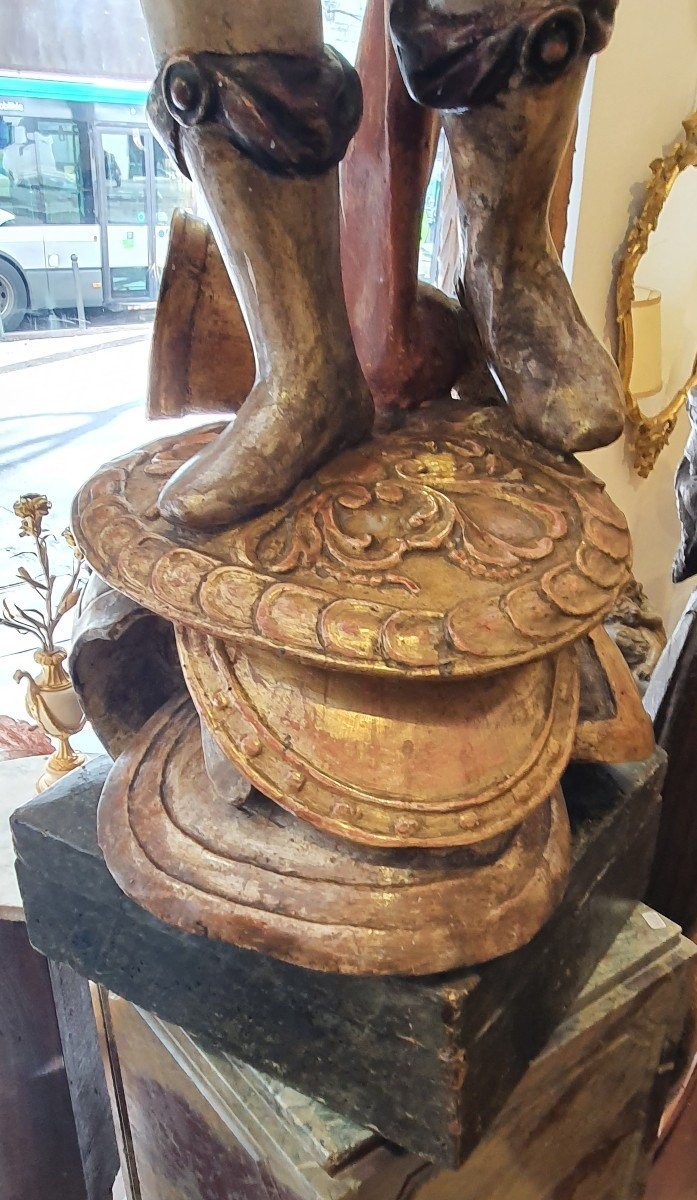 Porte Torchère "Soldat Romain" En Bois Sculpté Polychrome Italie XVIII ème-photo-3