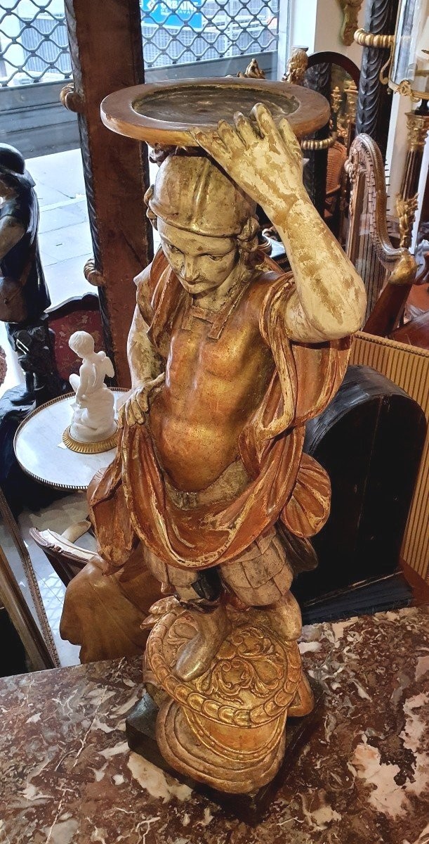 Porte Torchère "Soldat Romain" En Bois Sculpté Polychrome Italie XVIII ème-photo-8