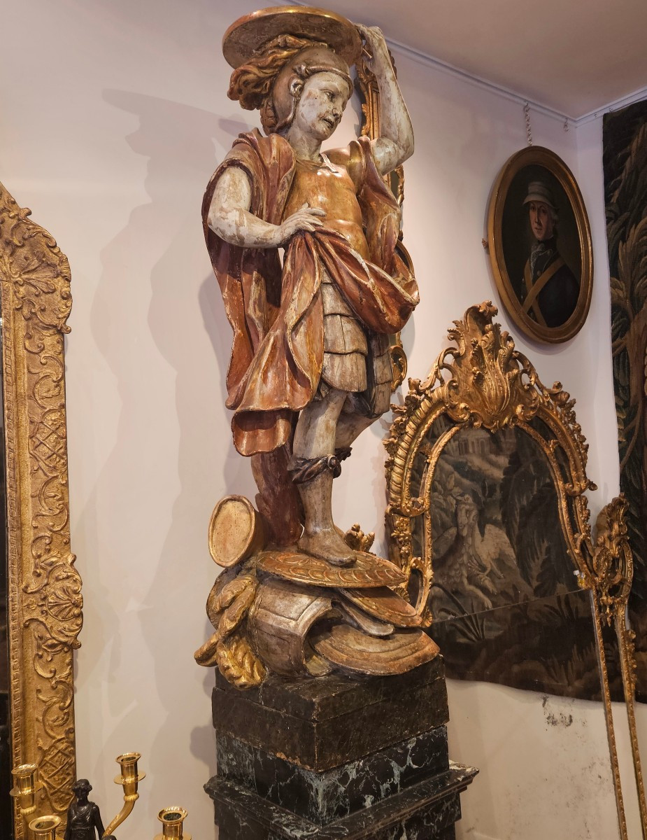 Porte Torchère "Soldat Romain" En Bois Sculpté Polychrome Italie XVIII ème-photo-6