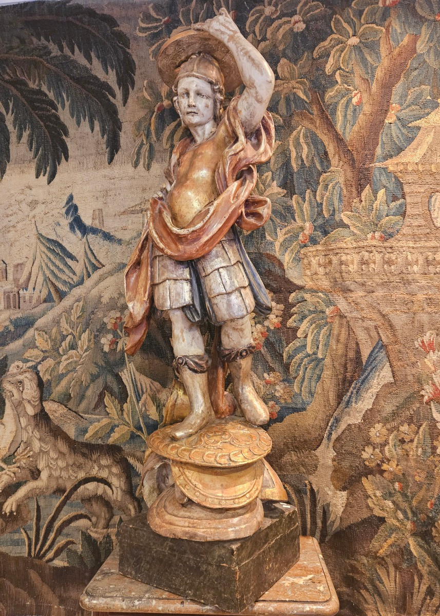 Porte Torchère "Soldat Romain" En Bois Sculpté Polychrome Italie XVIII ème