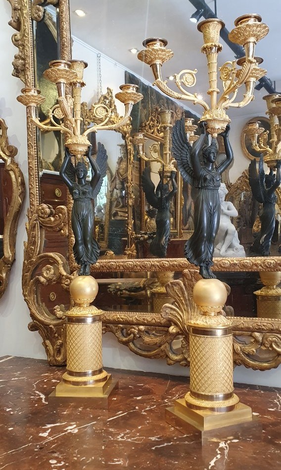Paire De Grands Candélabres "Aux Victoires Ailées" Signées Pierre Chibout Epoque Empire XIX ème-photo-2