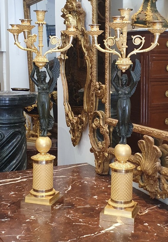 Paire De Grands Candélabres "Aux Victoires Ailées" Signées Pierre Chibout Epoque Empire XIX ème-photo-3
