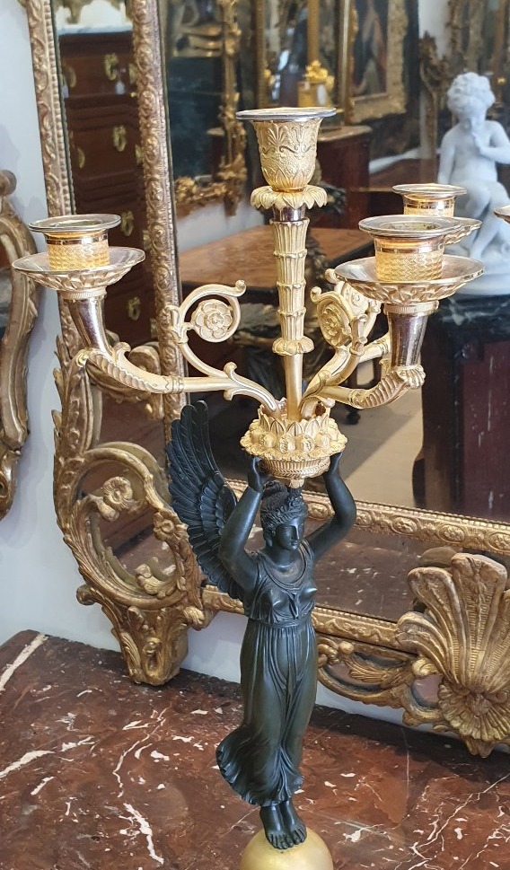 Paire De Grands Candélabres "Aux Victoires Ailées" Signées Pierre Chibout Epoque Empire XIX ème-photo-1