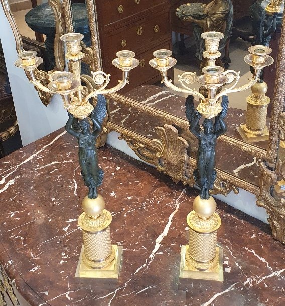 Paire De Grands Candélabres "Aux Victoires Ailées" Signées Pierre Chibout Epoque Empire XIX ème-photo-2