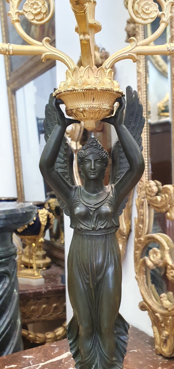 Paire De Grands Candélabres "Aux Victoires Ailées" Signées Pierre Chibout Epoque Empire XIX ème-photo-3