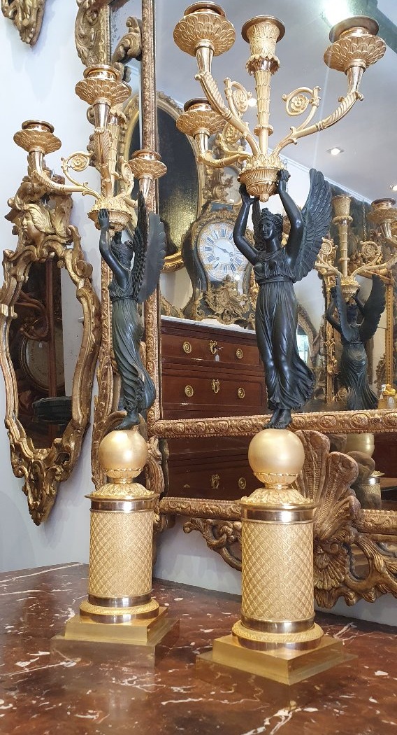 Paire De Grands Candélabres "Aux Victoires Ailées" Signées Pierre Chibout Epoque Empire XIX ème-photo-5