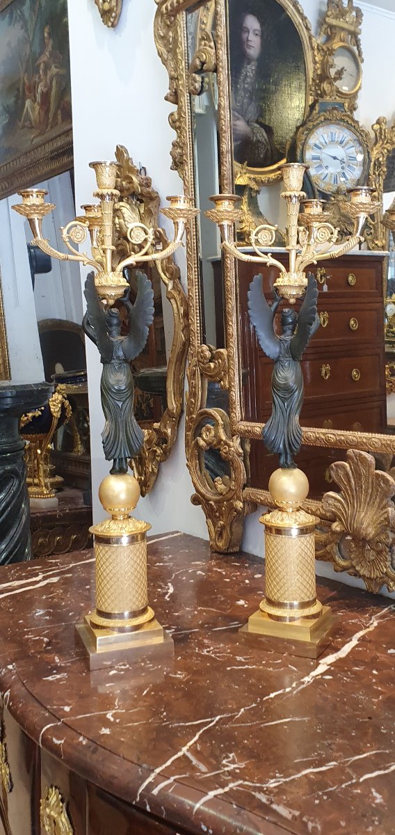 Paire De Grands Candélabres "Aux Victoires Ailées" Signées Pierre Chibout Epoque Empire XIX ème-photo-7
