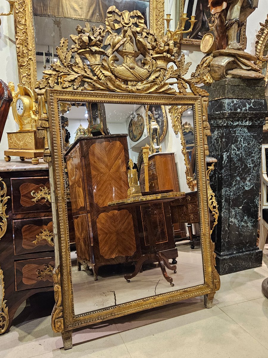 Grand Miroir En Bois Sculpté Et Doré Époque Louis XVI XVIII ème-photo-2