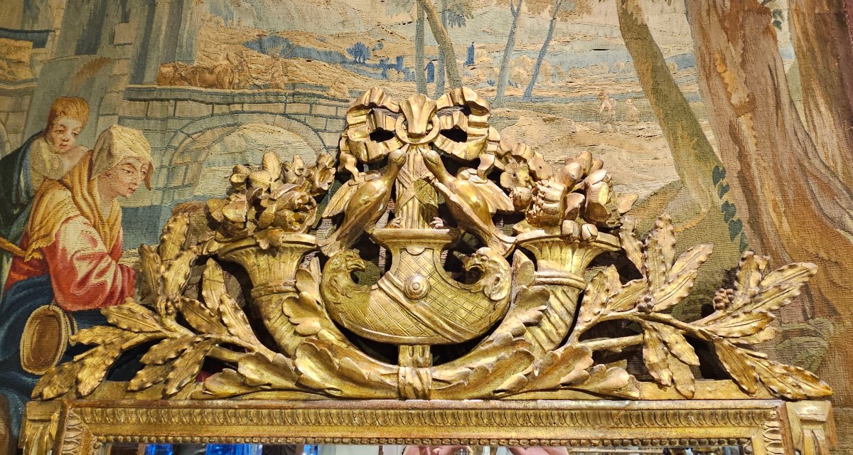 Grand Miroir En Bois Sculpté Et Doré Époque Louis XVI XVIII ème-photo-1