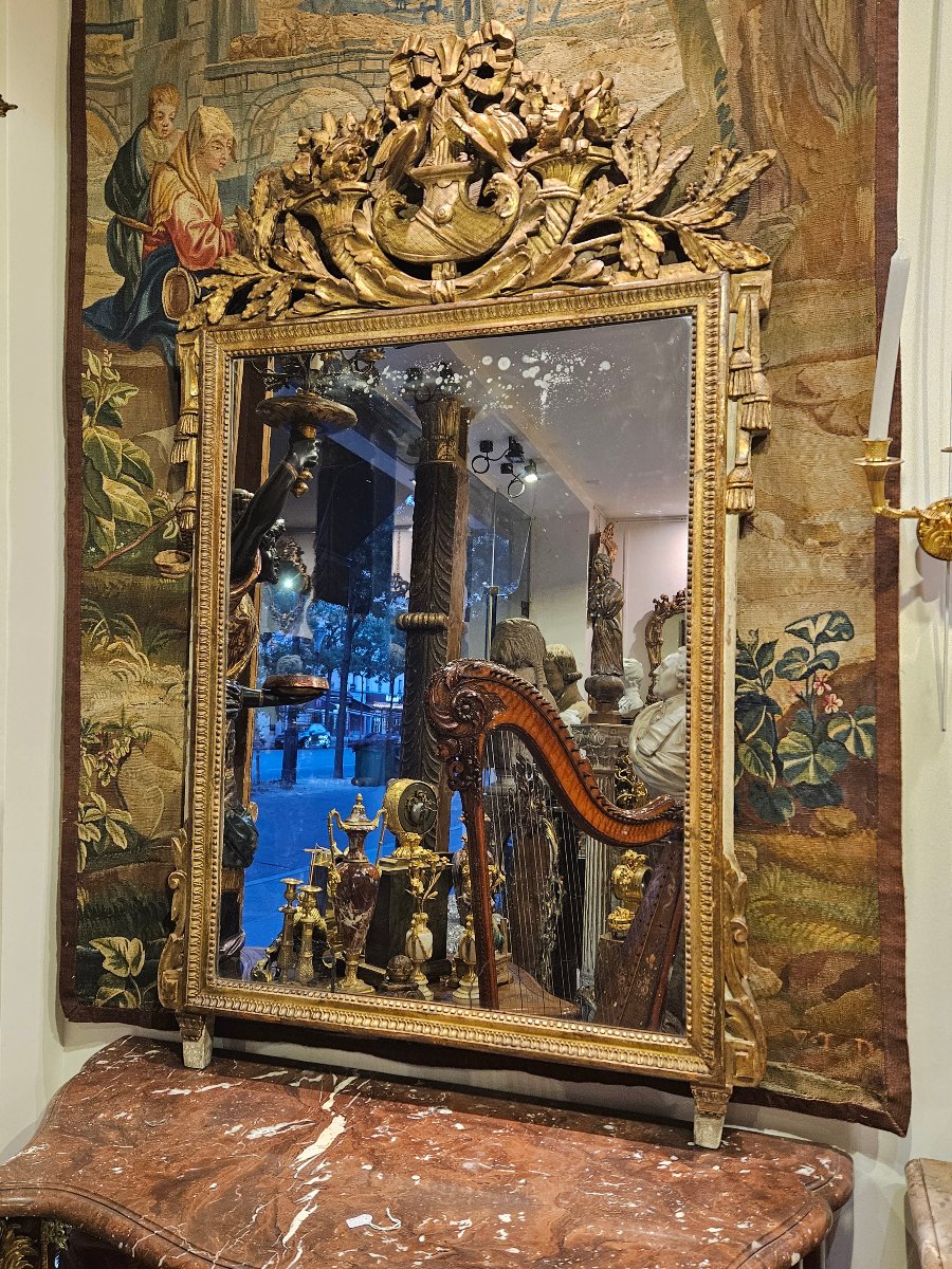 Grand Miroir En Bois Sculpté Et Doré Époque Louis XVI XVIII ème-photo-3