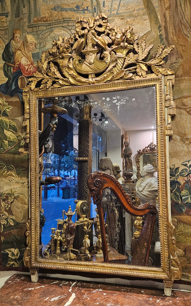 Grand Miroir En Bois Sculpté Et Doré Époque Louis XVI XVIII ème