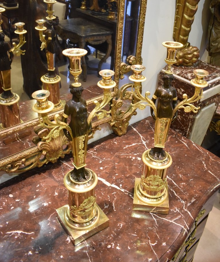 Pair Of Large "caryatid" Candelabra, Consulate Period, 18th Century-photo-4