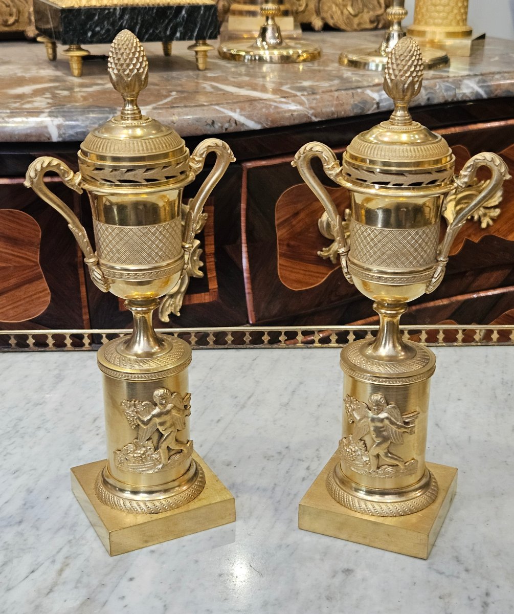 Paire De Cassolettes Bougeoirs En Bronze Doré Epoque Charles X XIX ème-photo-2