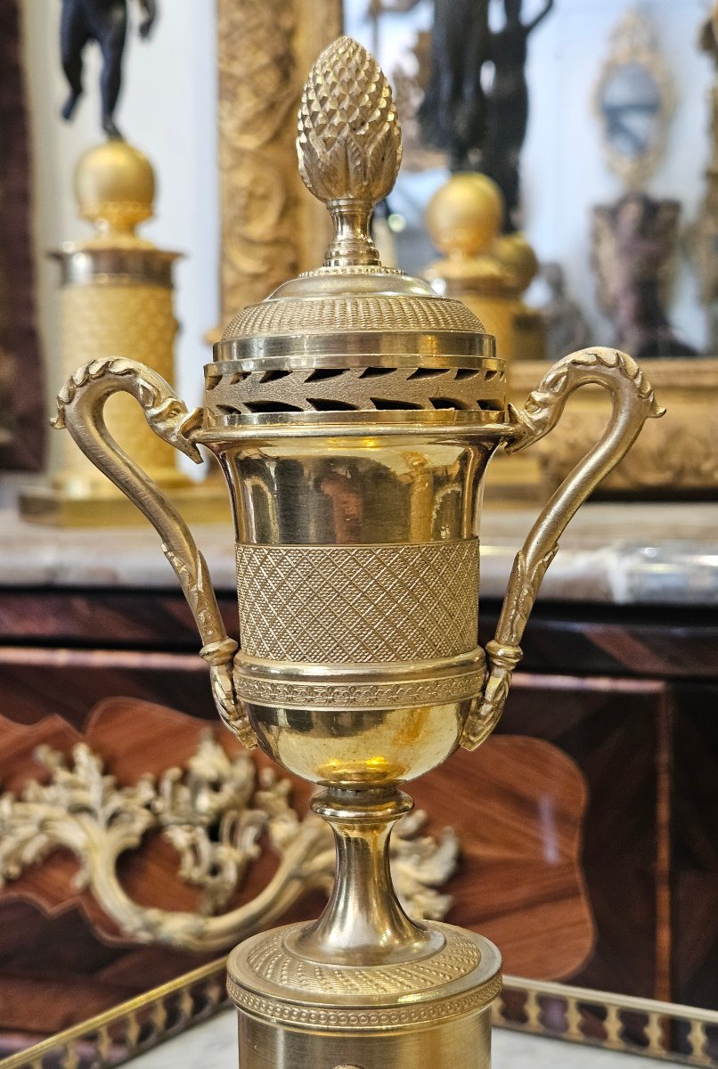 Paire De Cassolettes Bougeoirs En Bronze Doré Epoque Charles X XIX ème-photo-3