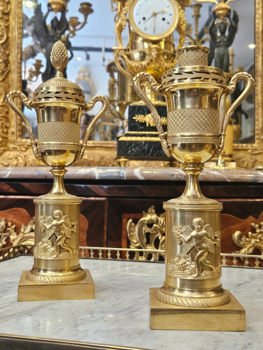 Paire De Cassolettes Bougeoirs En Bronze Doré Epoque Charles X XIX ème-photo-4