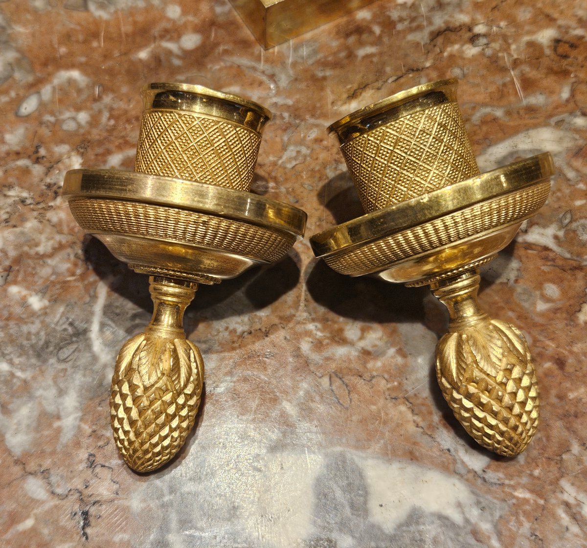 Paire De Cassolettes Bougeoirs En Bronze Doré Epoque Charles X XIX ème-photo-4
