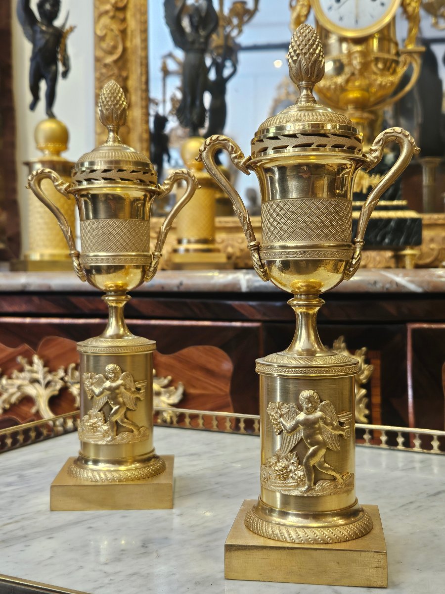 Paire De Cassolettes Bougeoirs En Bronze Doré Epoque Charles X XIX ème-photo-5