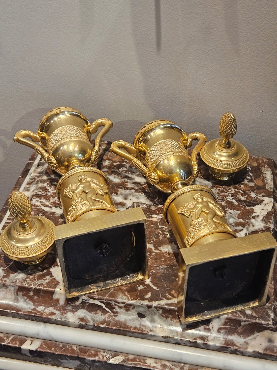Paire De Cassolettes Bougeoirs En Bronze Doré Epoque Charles X XIX ème-photo-7
