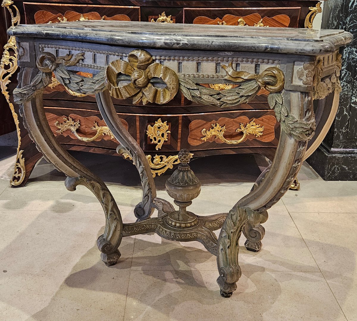 Polychrome Carved Oak Console Table, 18th-century Transition Period.