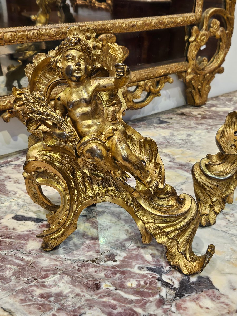  Paire de Chenêts en Bronze Doré d'Après « Jacques Caffieri » Époque Louis XV XVIIIe-photo-3