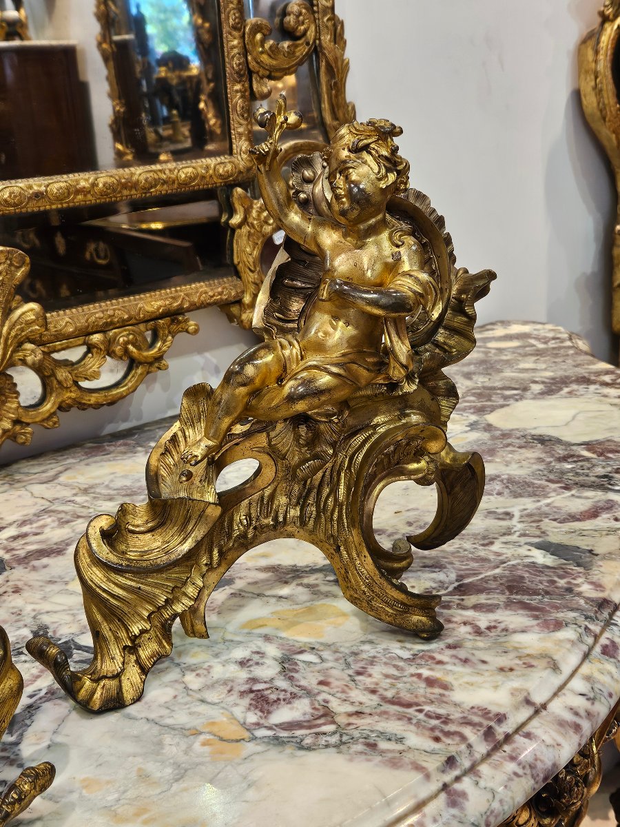  Paire de Chenêts en Bronze Doré d'Après « Jacques Caffieri » Époque Louis XV XVIIIe-photo-1