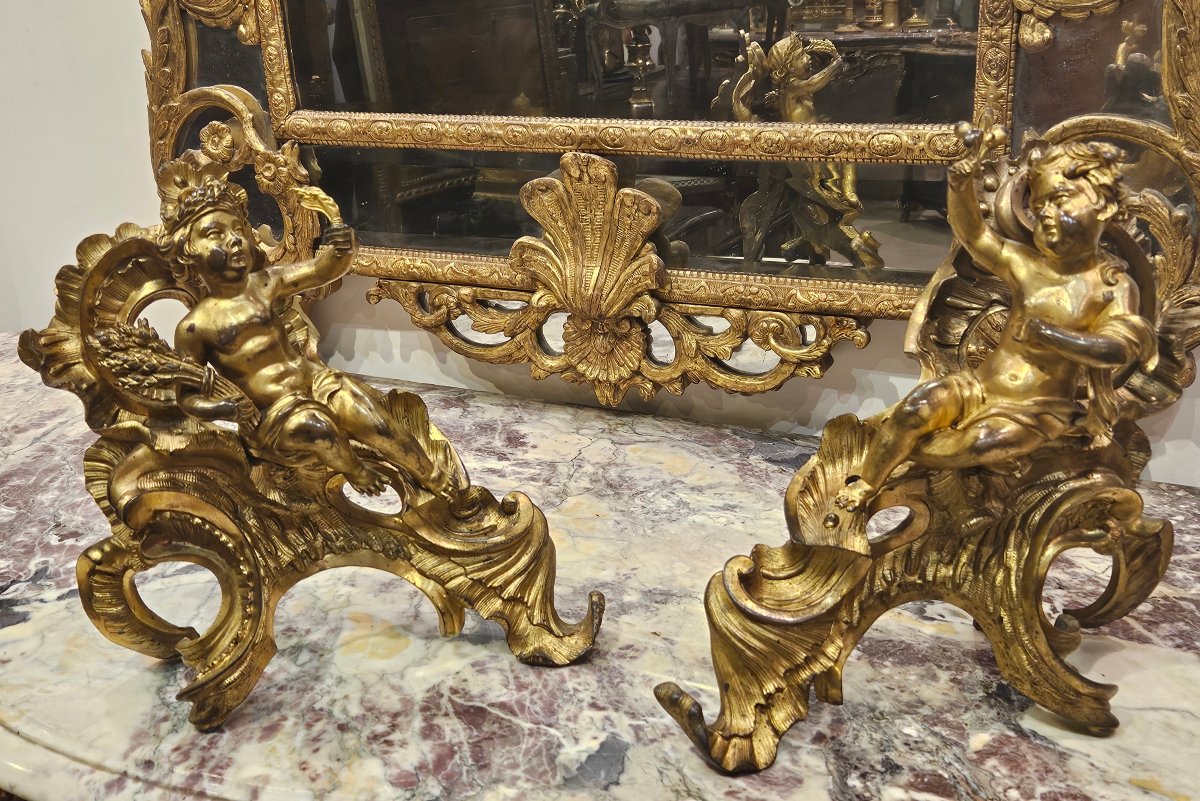  Paire de Chenêts en Bronze Doré d'Après « Jacques Caffieri » Époque Louis XV XVIIIe-photo-5