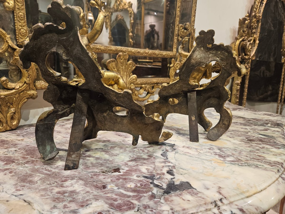  Paire de Chenêts en Bronze Doré d'Après « Jacques Caffieri » Époque Louis XV XVIIIe-photo-7