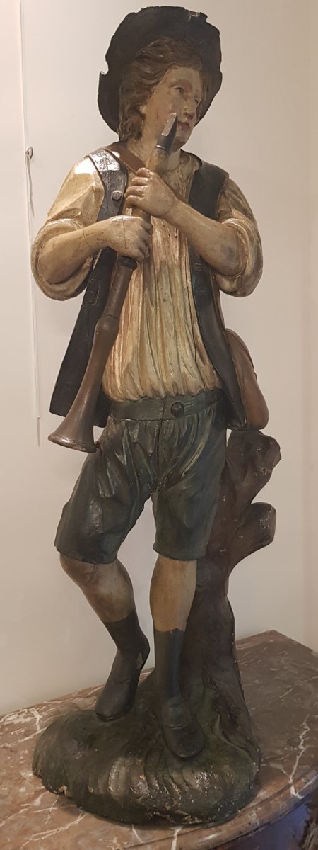 Sculpture En Bois Sculpté Polychrome "Le Joueur De Clarinette" XVIII ème-photo-4