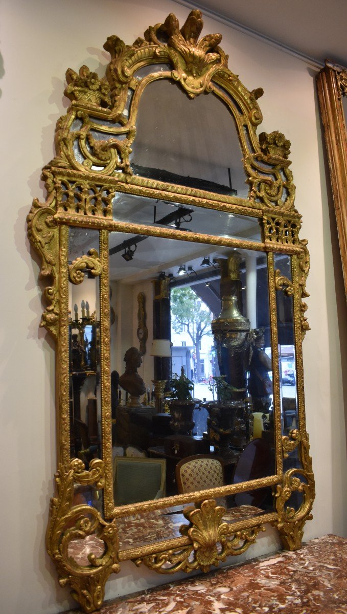 Important Miroir A Parecloses En Bois Sculpté Et Doré Epoque Régence XVIII ème-photo-2