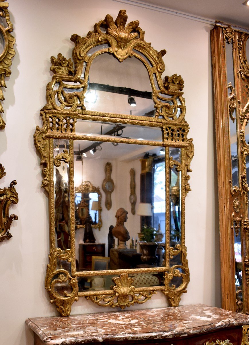 Important Miroir A Parecloses En Bois Sculpté Et Doré Epoque Régence XVIII ème-photo-8