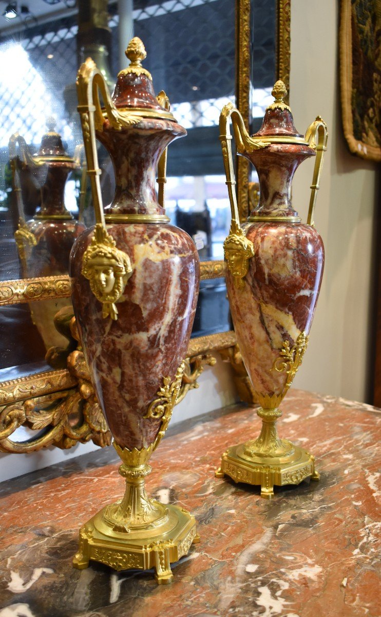 Pair Of "amphora" Vases In Marble And Gilt Bronze Late Nineteenth-photo-2