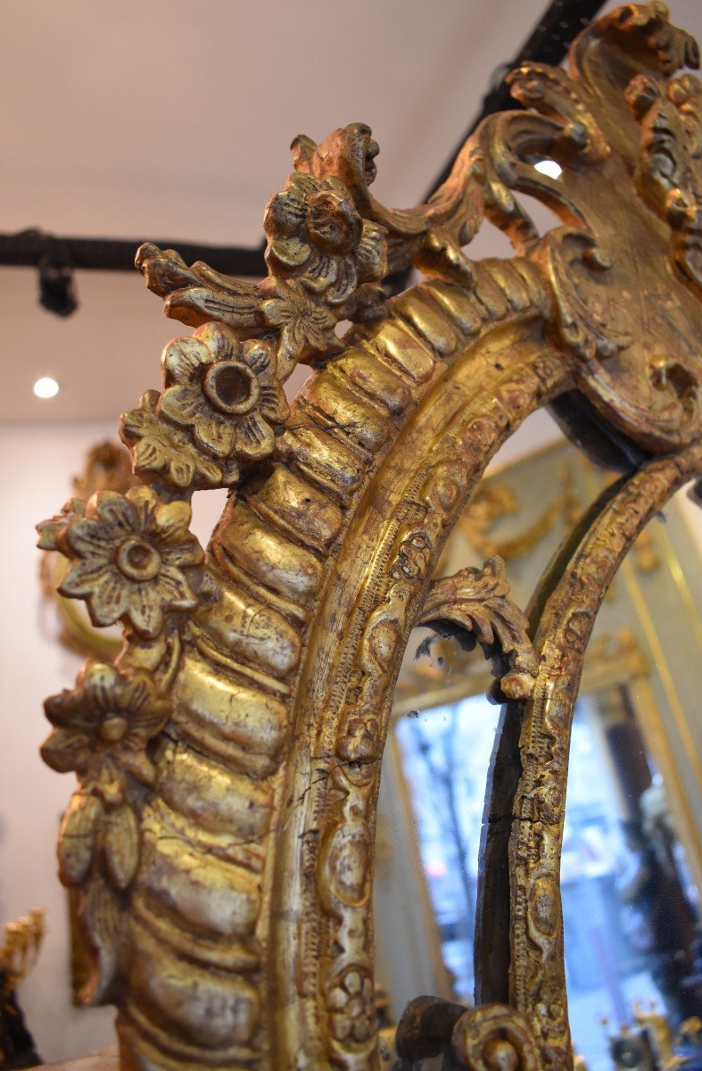 Important Miroir A Parecloses En Bois Sculpté Et Doré Epoque Régence Début XVIII ème-photo-2