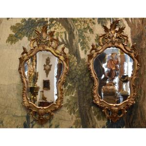 Paire De Miroirs En Bois Sculpté Et Doré Italie Fin XVIII ème