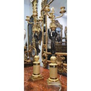 Pair Of Large Candelabra "aux Victoires Ailées" Signed Pierre Chibout Empire Period XIX