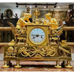 Pendule "La Leçon D’astronomie" En Bronze Doré Epoque Empire Début XIX ème 