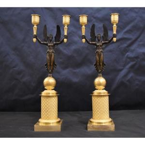 Pair Of Candelabra "with Winged Victories" Empire Period 19th