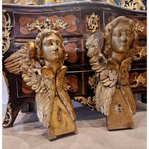 Paire d'Anges En Tilleul Sculpté Et Doré Epoque Régence Début XVIII ème 
