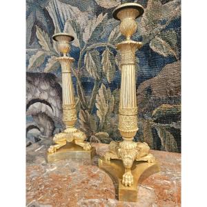 Pair Of Large Gilt Bronze Flambeaux Restoration Period Early 19th Century