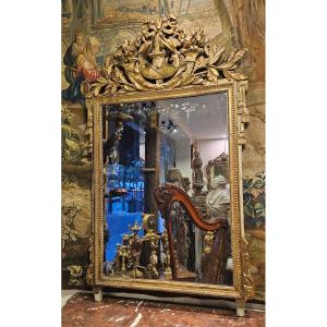 Grand Miroir En Bois Sculpté Et Doré Époque Louis XVI XVIII ème