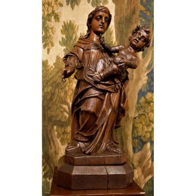 Vierge A l'Enfant En Chêne Sculpté  XVIII ème