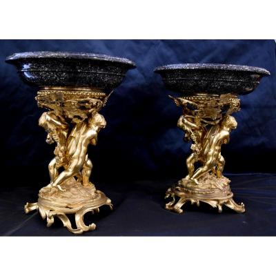 Paire De Grandes Vasques En Porphyre Et Bronze Doré Epoque Napoléon III  XIX ème