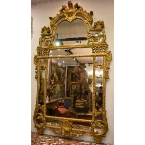 Important Miroir A Parecloses En Bois Sculpté Et Doré Epoque Régence XVIII ème