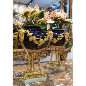 Paire De Vases De Style Louis XVI En Porcelaine Et Bronze Doré Epoque Napoléon III XIX ème