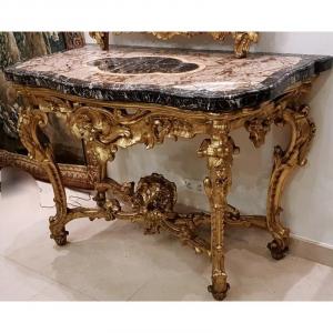 Importante Console En Bois Sculpté Et Doré Italie XVIII ème