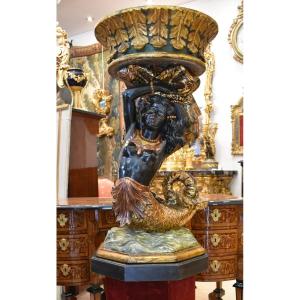 Jardinière "Sirène" En Bois Sculpté Polychrome Venise XIX ème 