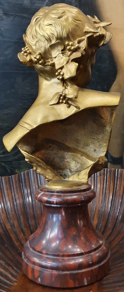 Sculpture De Faune En Bronze Doré Pied Marbre Griotte Signée -photo-4
