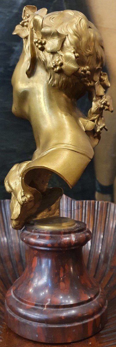 Sculpture De Faune En Bronze Doré Pied Marbre Griotte Signée -photo-1